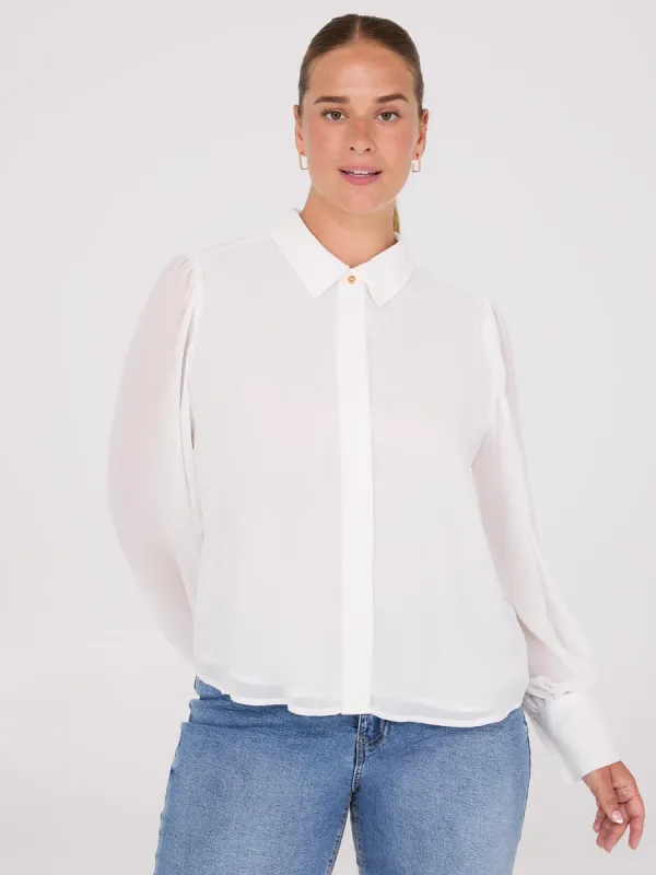Chiffon Button-Front Volume Sleeve Blouse sold by Suzy Shier