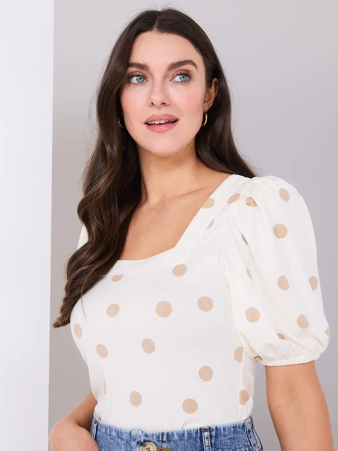 Dot Print Puff Sleeve Square Neck Top sold by Suzy Shier product image thumbnail 2