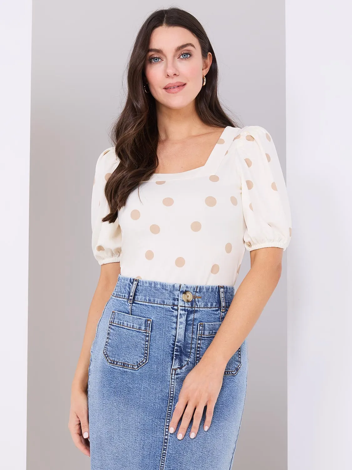 Dot Print Puff Sleeve Square Neck Top sold by Suzy Shier