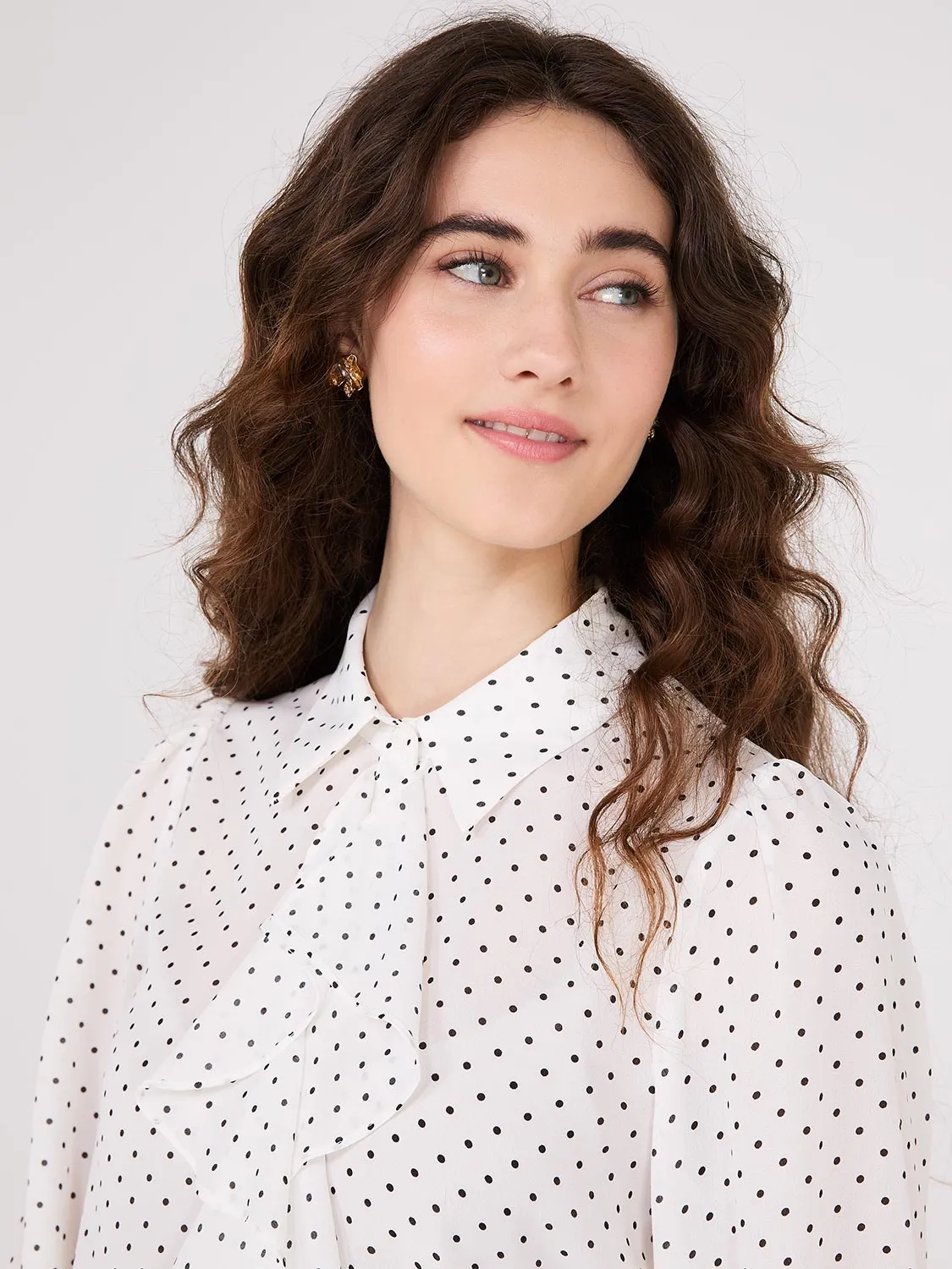 Dot Print Ruffle Button-Front Blouse sold by Suzy Shier product image thumbnail 3