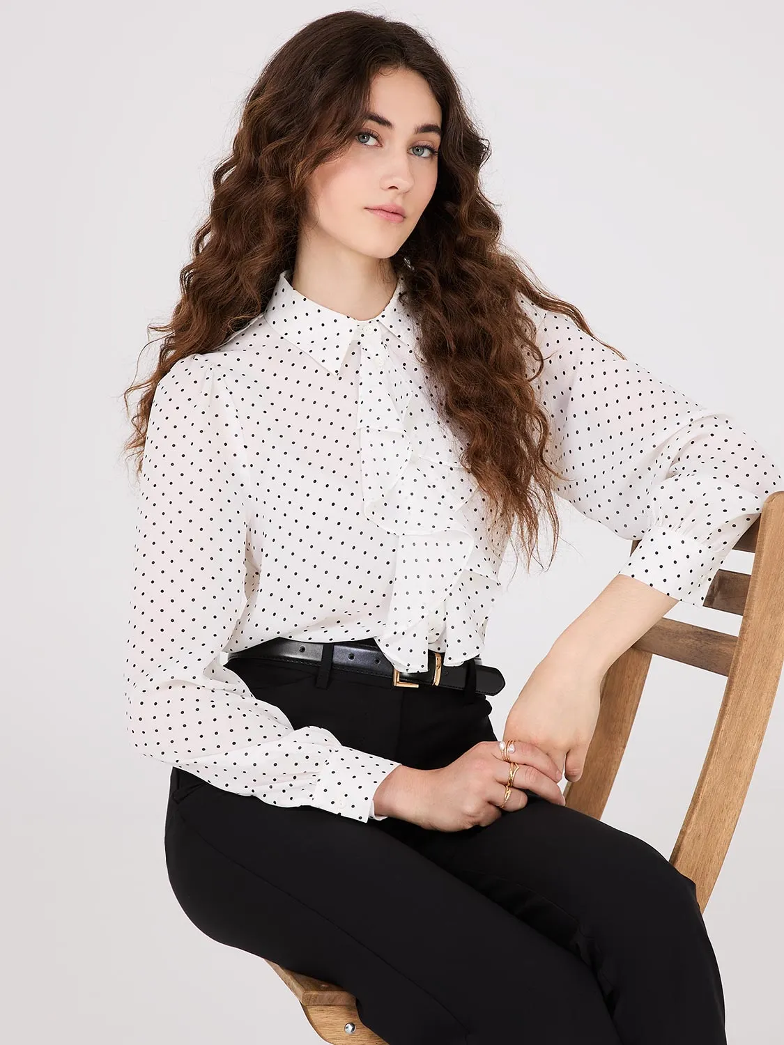 Dot Print Ruffle Button-Front Blouse sold by Suzy Shier product image thumbnail 4