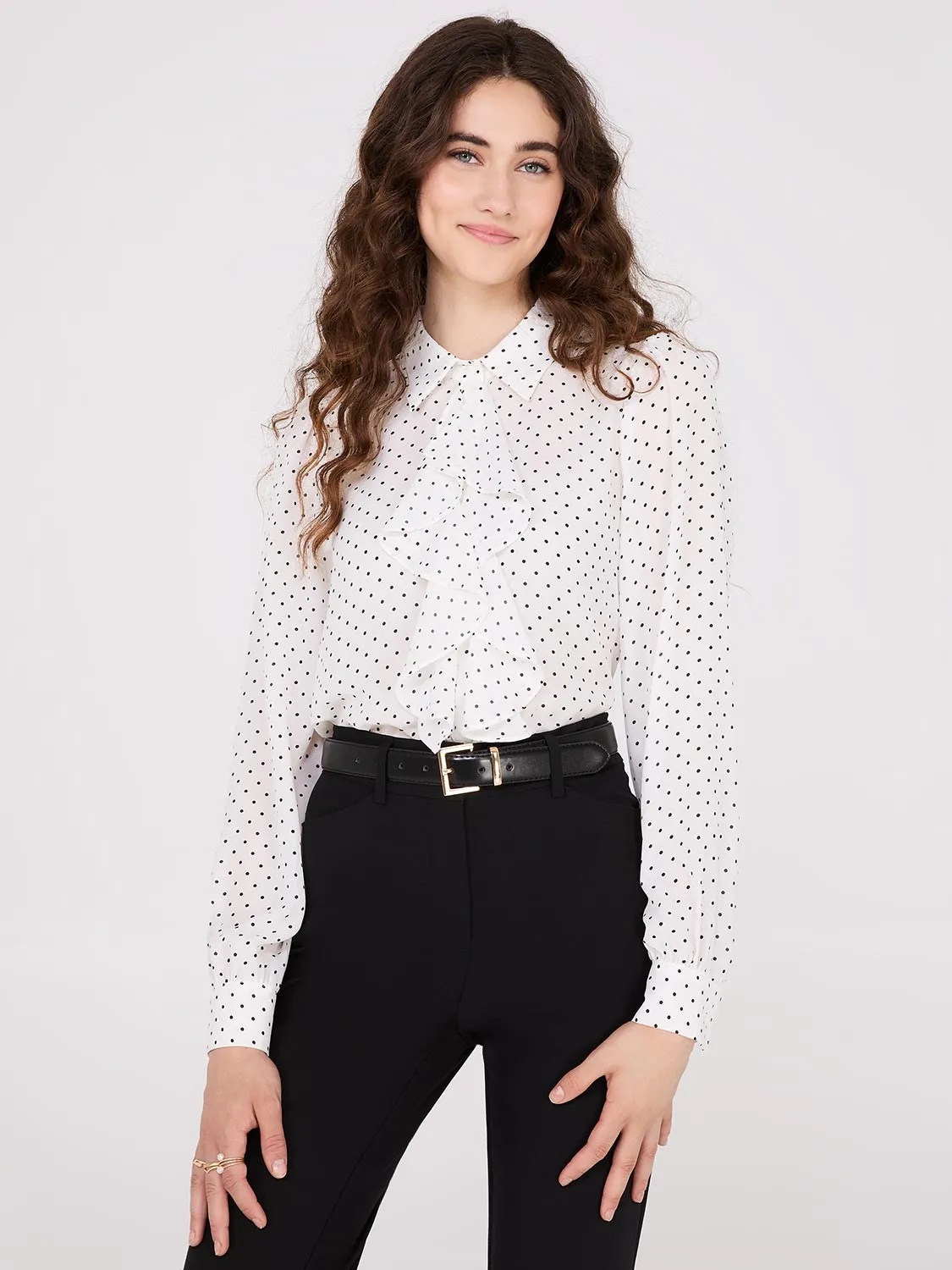 Dot Print Ruffle Button-Front Blouse sold by Suzy Shier product image thumbnail 2