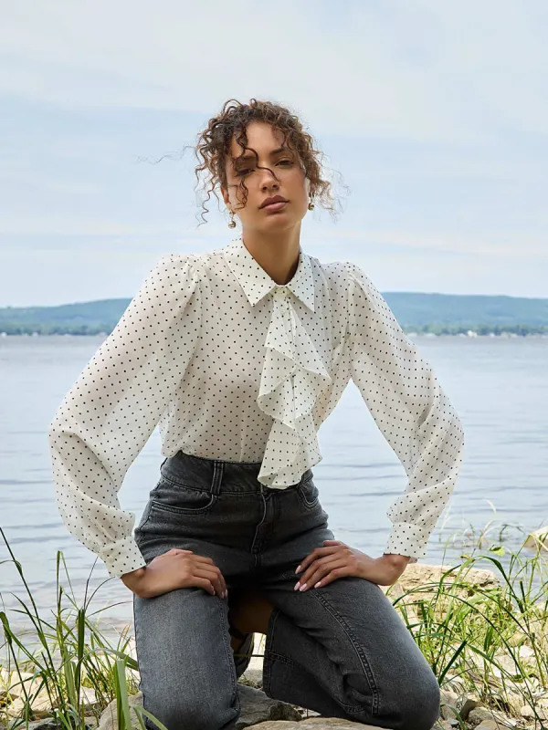 Dot Print Ruffle Button-Front Blouse sold by Suzy Shier