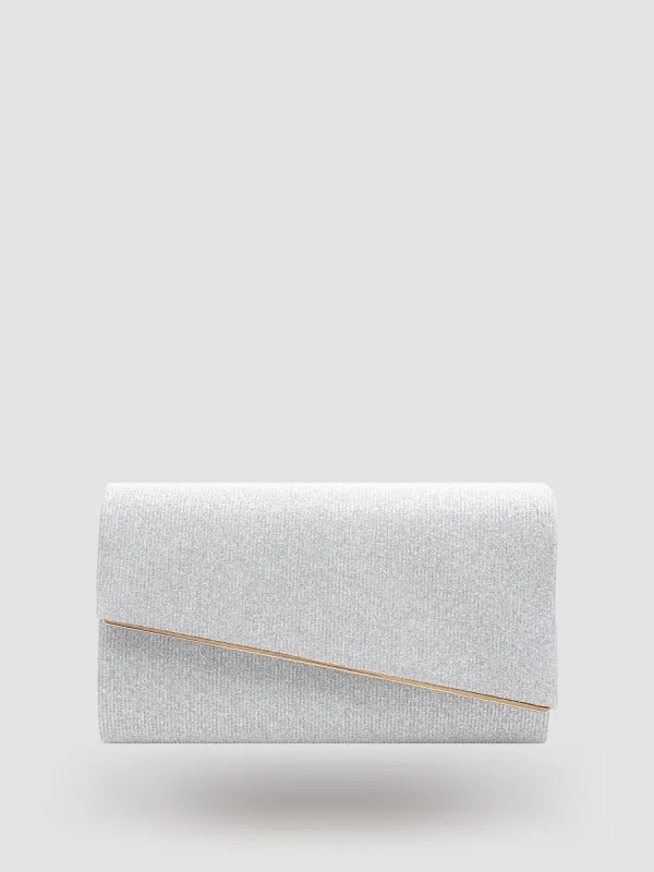 Asymmetrical Flapover Clutch With Metal Trim sold by Suzy Shier