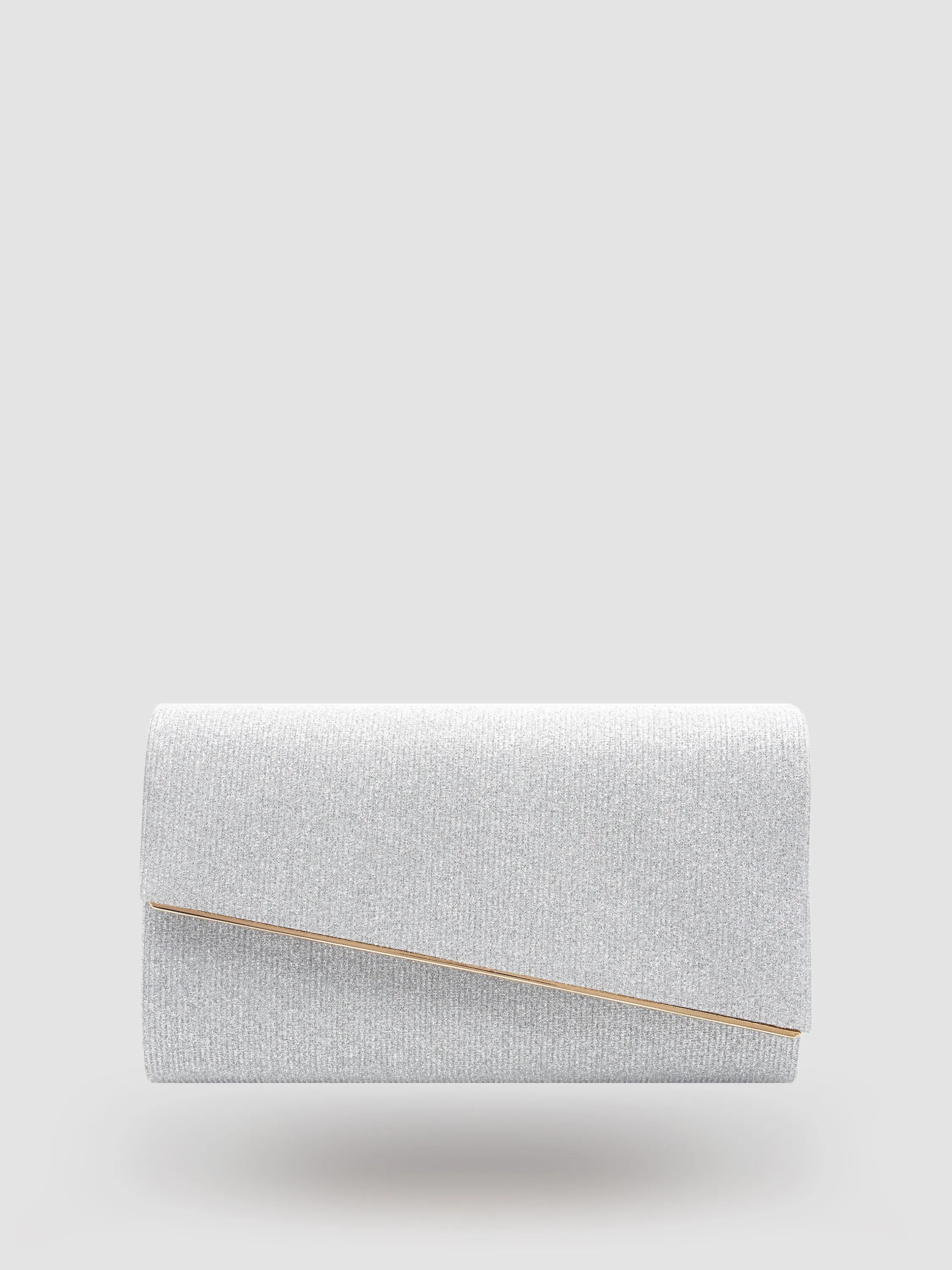 Asymmetrical Flapover Clutch With Metal Trim sold by Suzy Shier