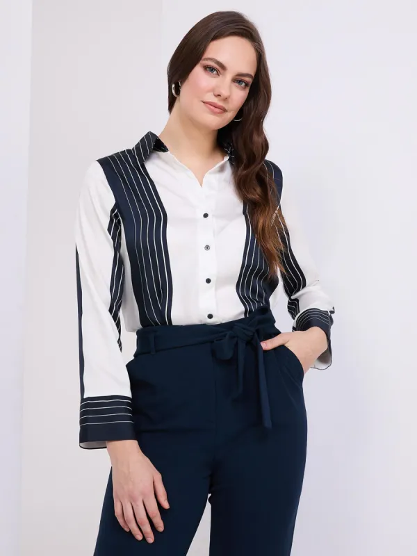Colour Block Striped Satin Button-Front Blouse sold by Suzy Shier