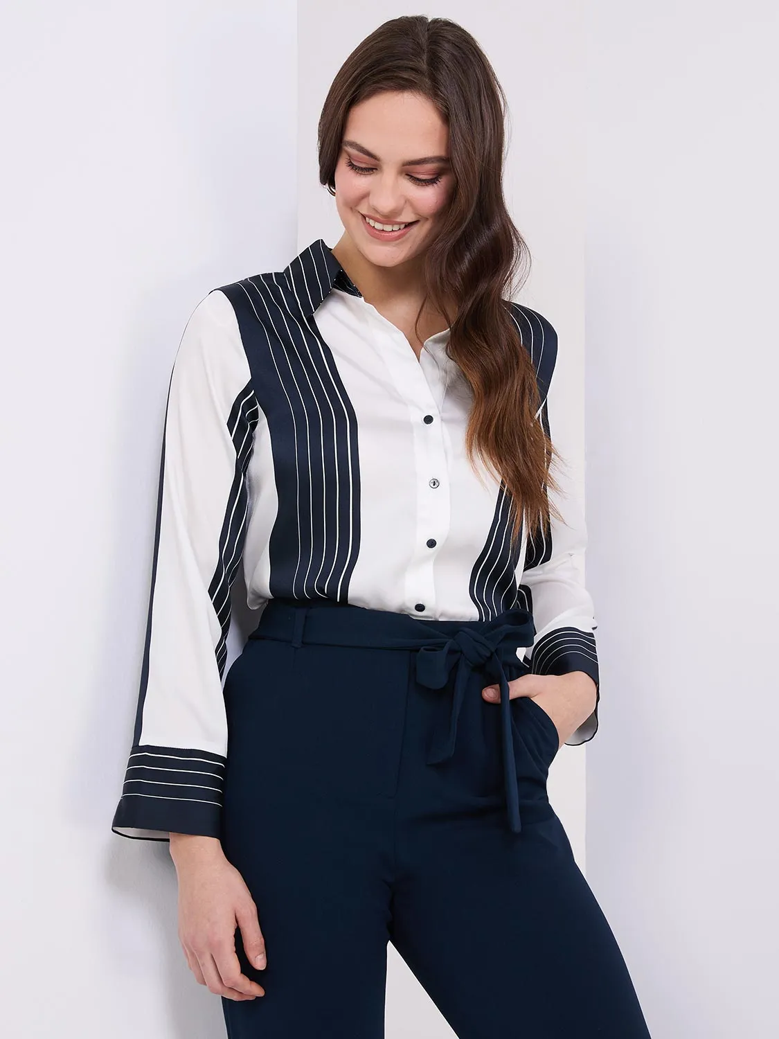 Colour Block Striped Satin Button-Front Blouse sold by Suzy Shier product image thumbnail 4