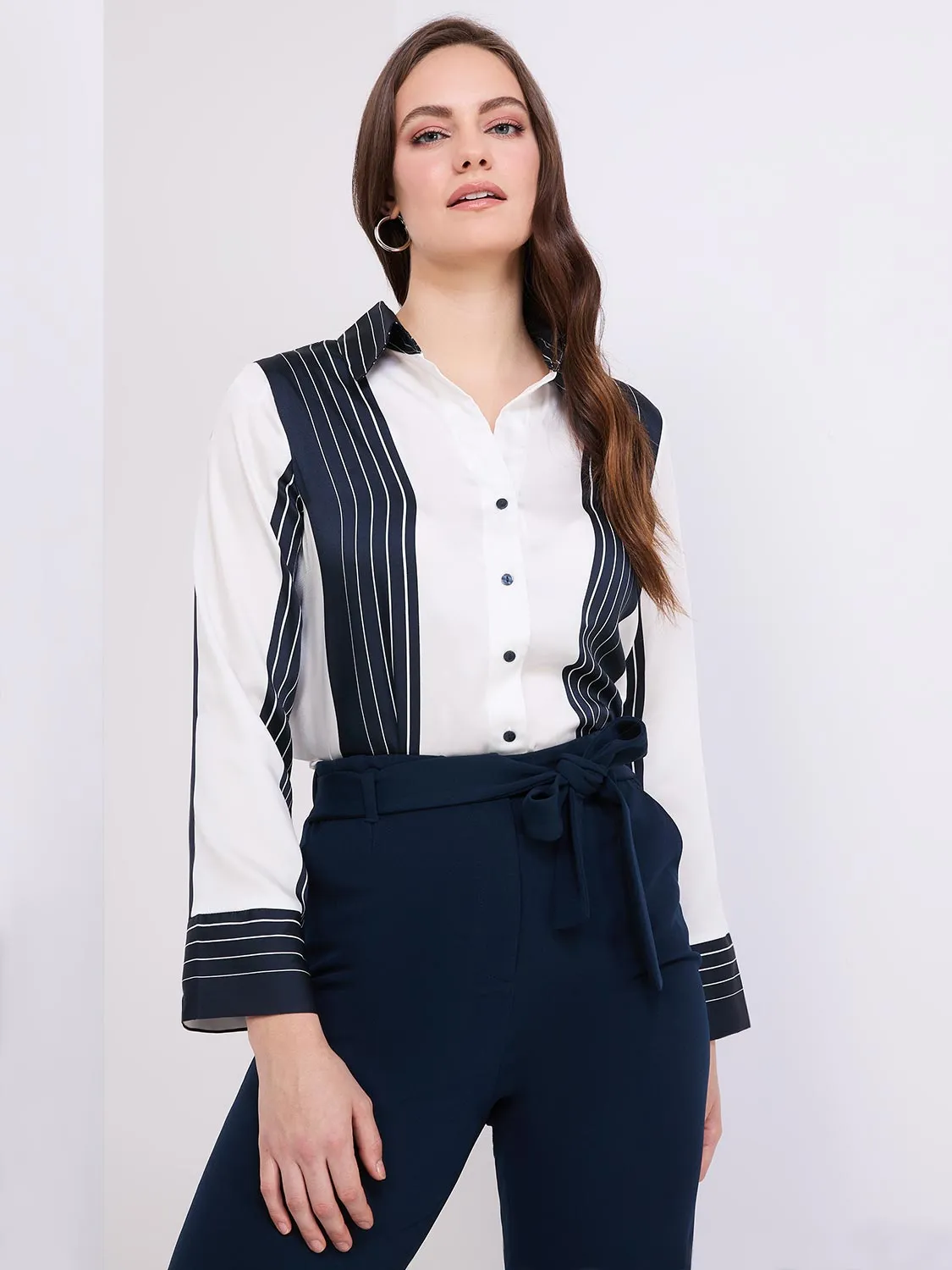 Colour Block Striped Satin Button-Front Blouse sold by Suzy Shier product image thumbnail 3