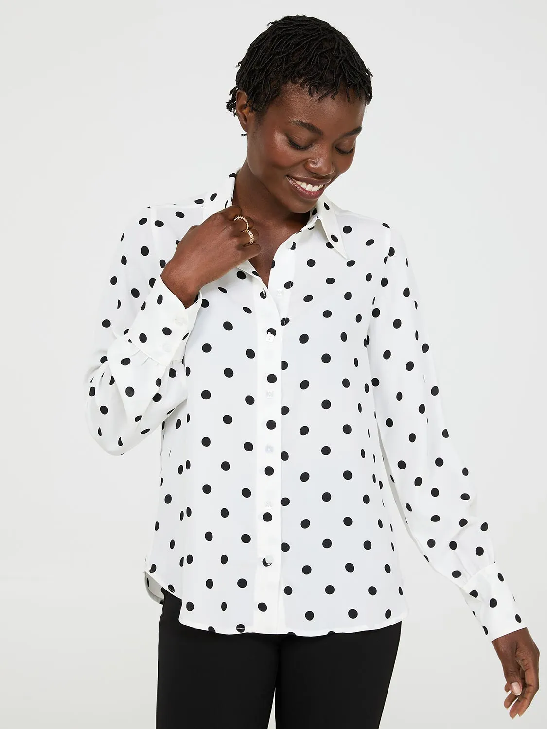 Dot Print Chiffon Button-Front Blouse sold by Suzy Shier