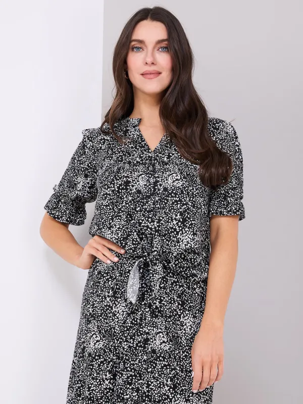 Leaf Print Split Neck Blouse With Tie Front sold by Suzy Shier