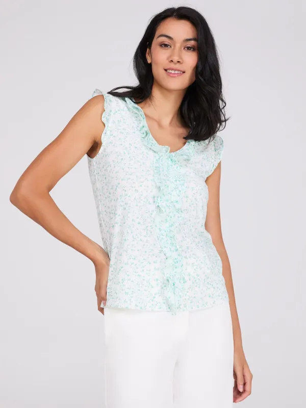 Sleeveless Floral Print V-Neck Top With Ruffle Details sold by Suzy Shier