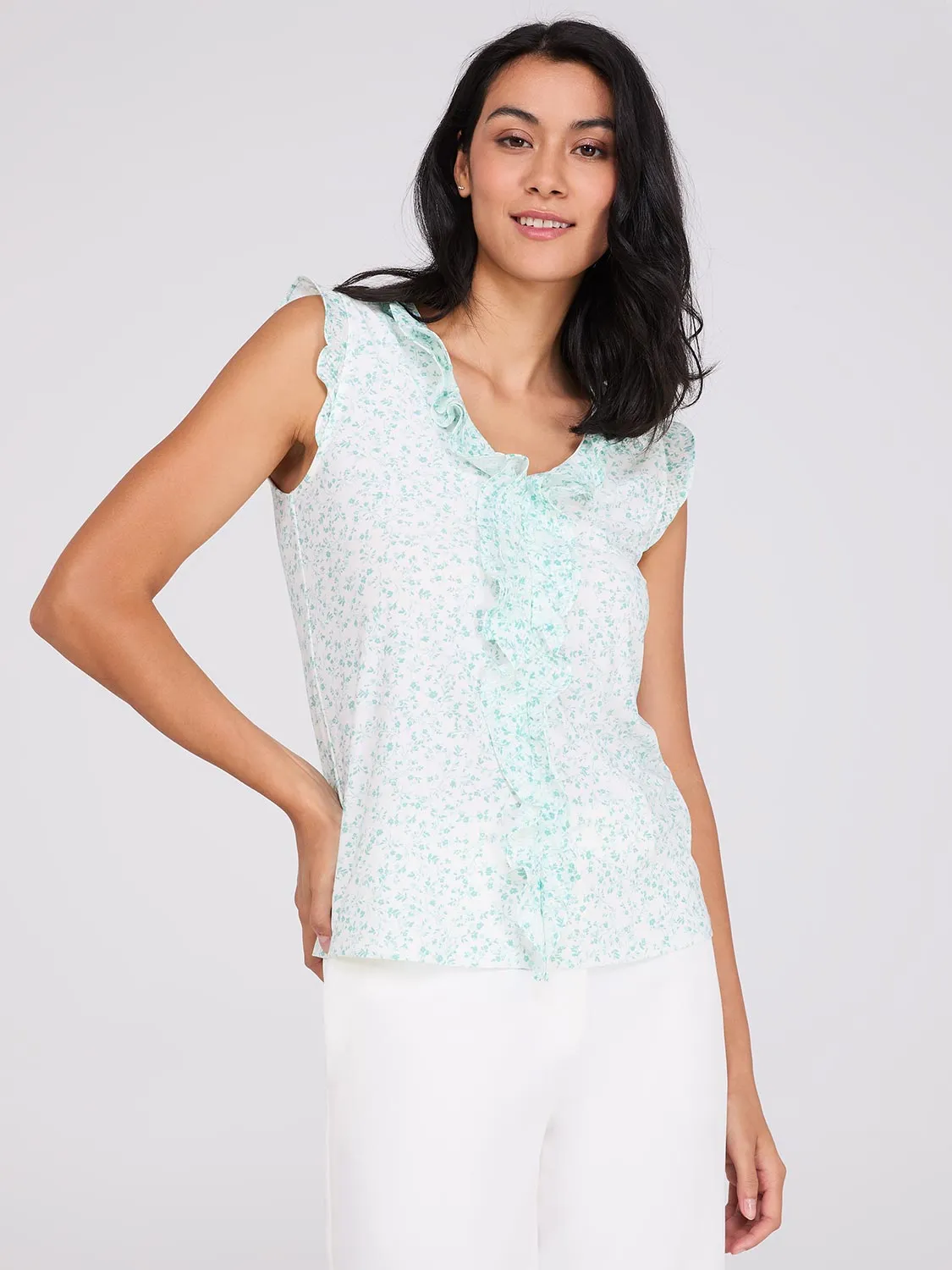 Sleeveless Floral Print V-Neck Top With Ruffle Details sold by Suzy Shier