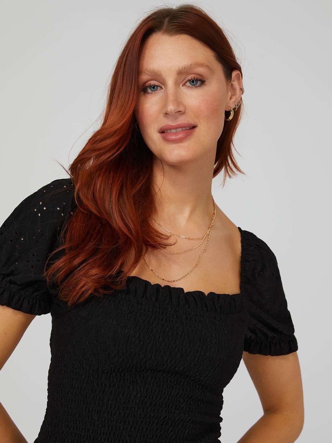 Smocked Eyelet Mini Dress With Puff Sleeves sold by Suzy Shier product image thumbnail 8