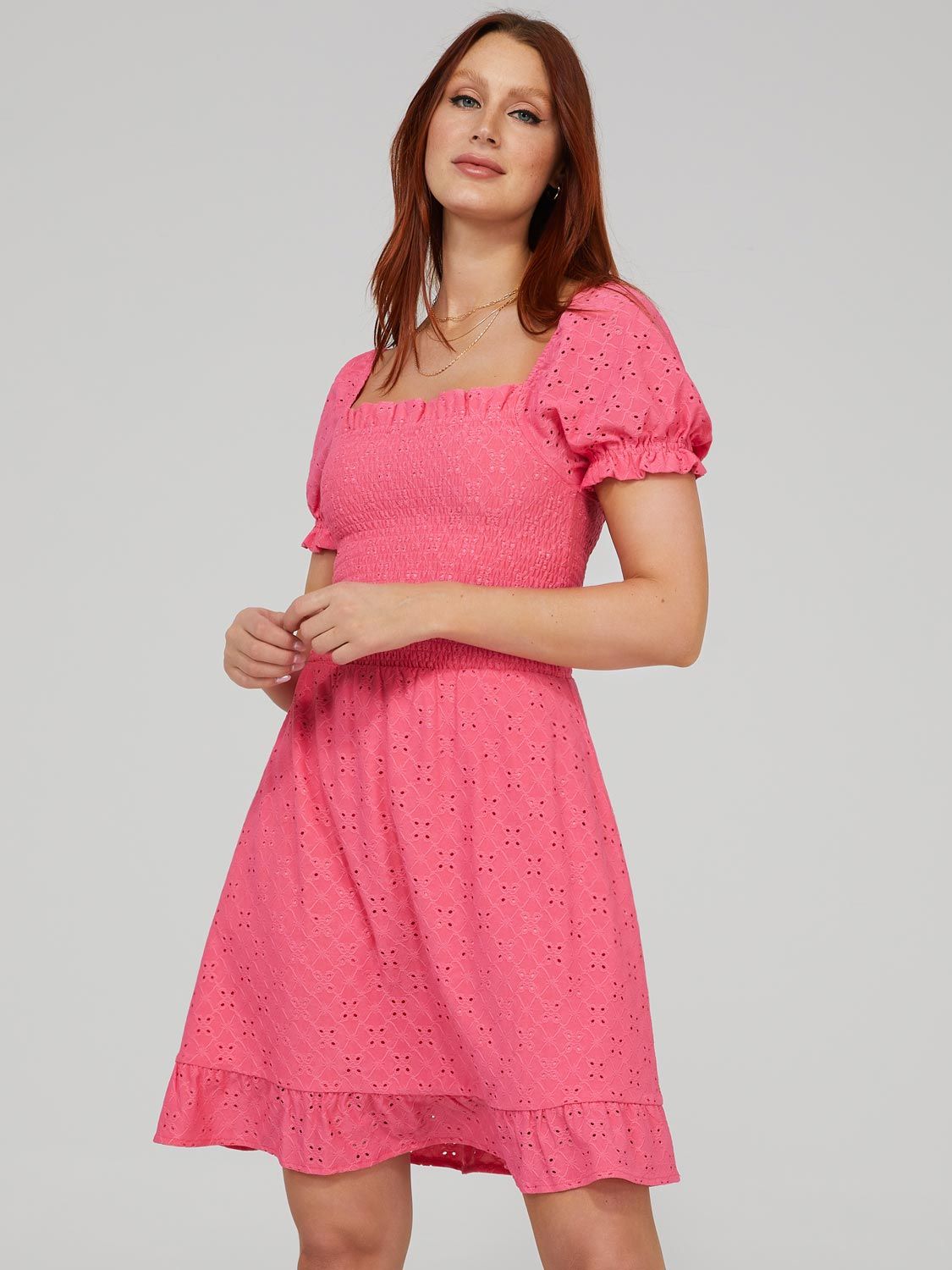 Smocked Eyelet Mini Dress With Puff Sleeves sold by Suzy Shier product image thumbnail 3