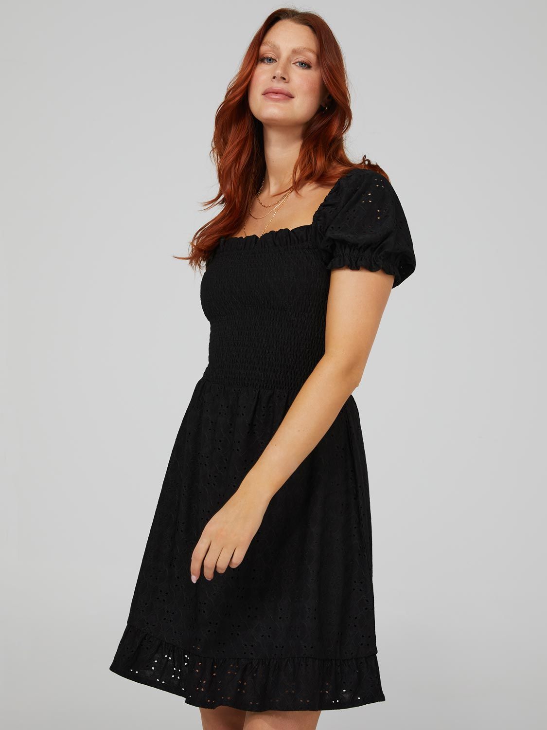 Smocked Eyelet Mini Dress With Puff Sleeves sold by Suzy Shier product image thumbnail 9