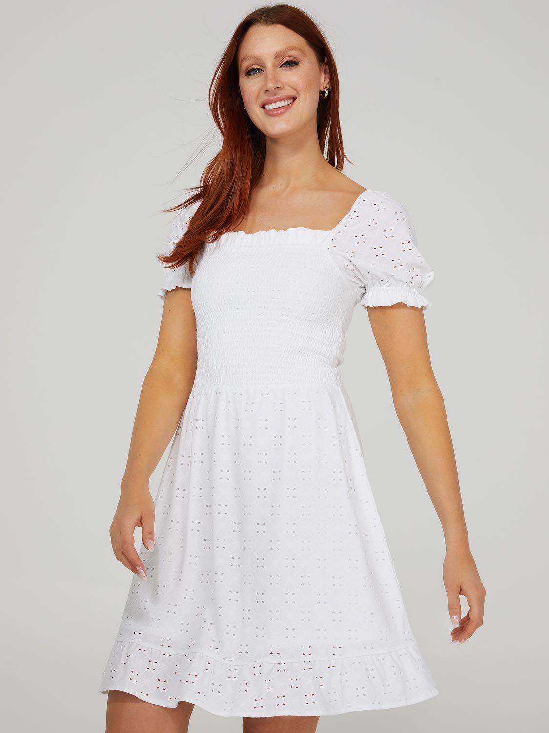 Smocked Eyelet Mini Dress With Puff Sleeves sold by Suzy Shier product image thumbnail 13