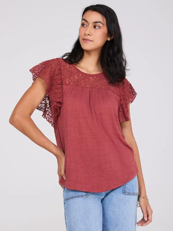 Lace Flutter Sleeve Textured Top sold by Suzy Shier