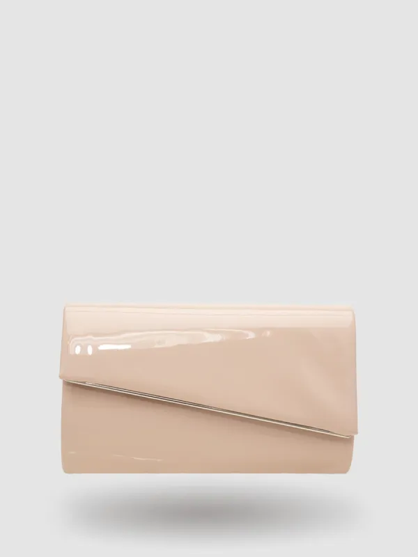 Asymmetrical Patent Faux-Leather Flapover Clutch With Metal Trim sold by Suzy Shier