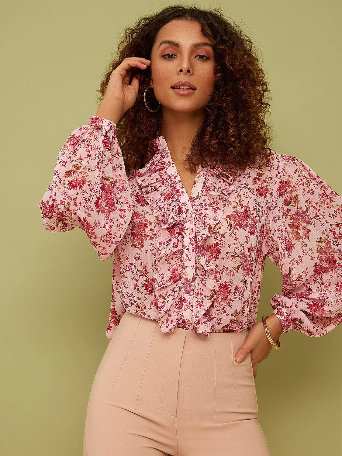 Printed Ruffled Long Sleeve Blouse sold by Suzy Shier