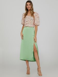 High Waisted Satin Skirt With Front Slit sold by Suzy Shier