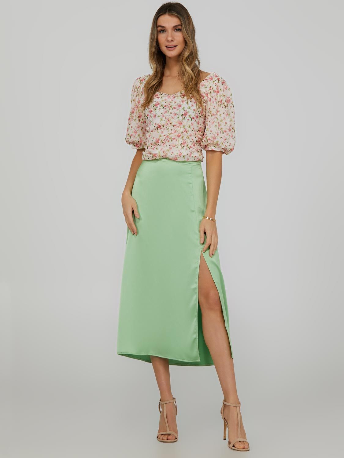 High Waisted Satin Skirt With Front Slit sold by Suzy Shier