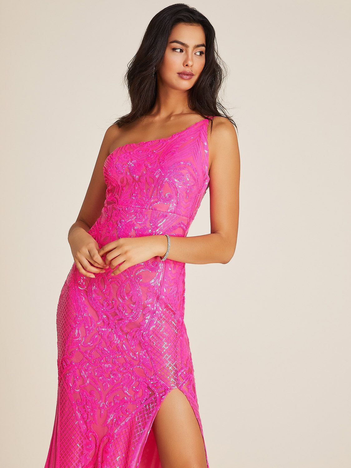 Sequin Mesh One-Shoulder Gown sold by Suzy Shier product image thumbnail 3