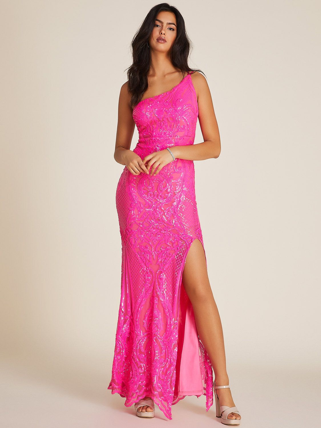 Sequin Mesh One-Shoulder Gown sold by Suzy Shier