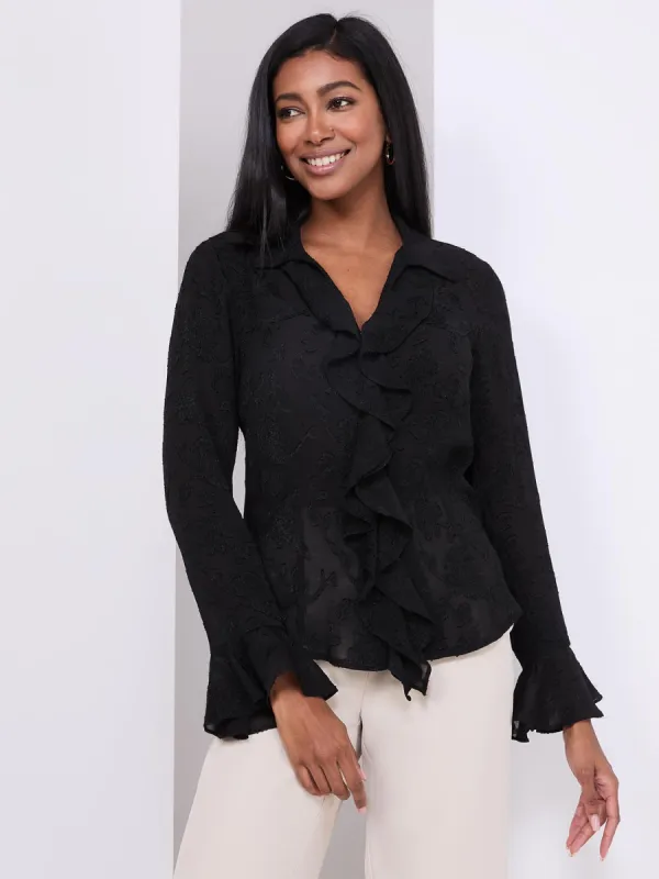 Textured Button-Front Blouse With Ruffle Details sold by Suzy Shier