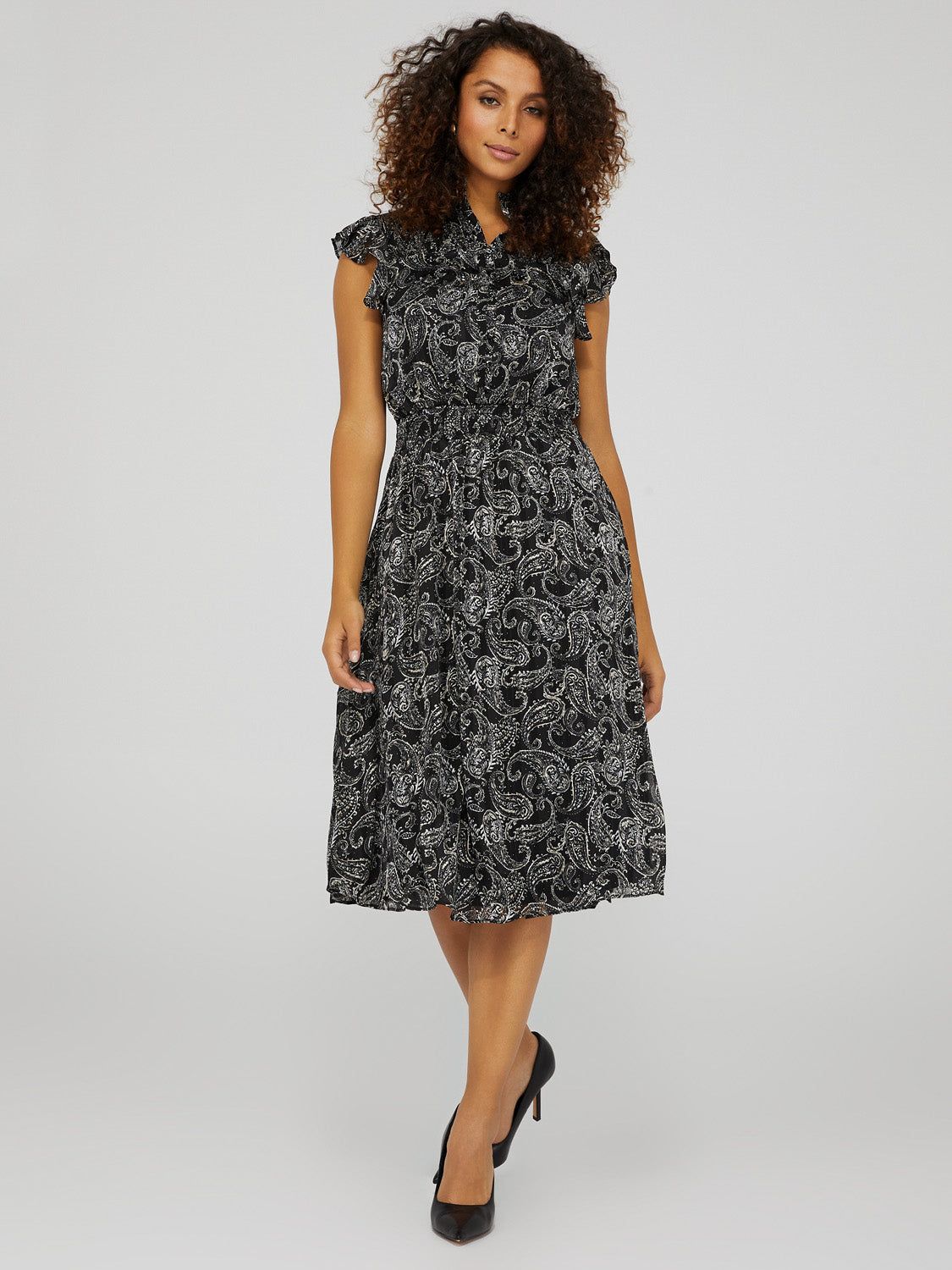 Paisley Print Smocked Midi Dress With Flutter Shoulder sold by Suzy Shier
