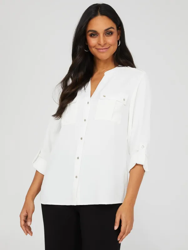 Textured Split Neck Blouse With Shoulder Tabs sold by Suzy Shier