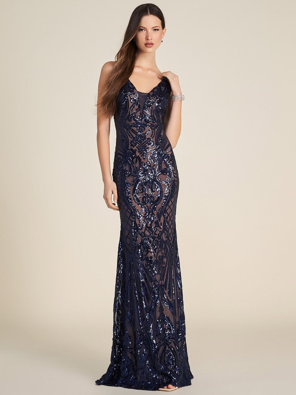 Allover Sequin Mesh Plunging V-Neck Gown sold by Suzy Shier