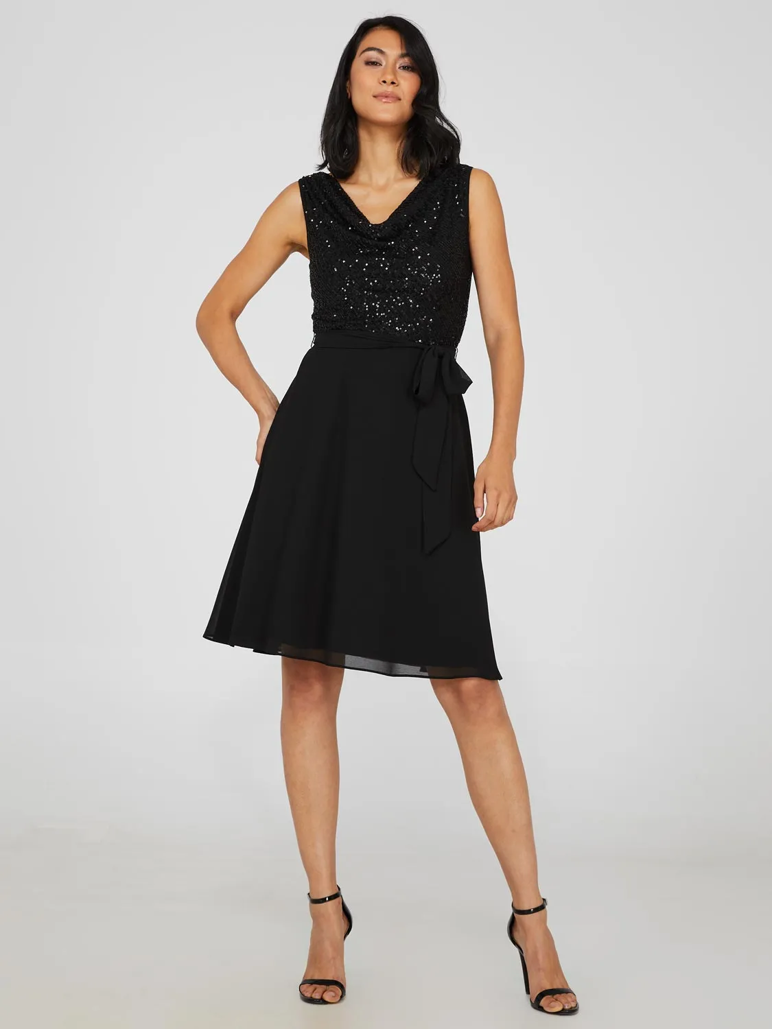 Cowl Neck Sequin Fit & Flare Dress sold by Suzy Shier