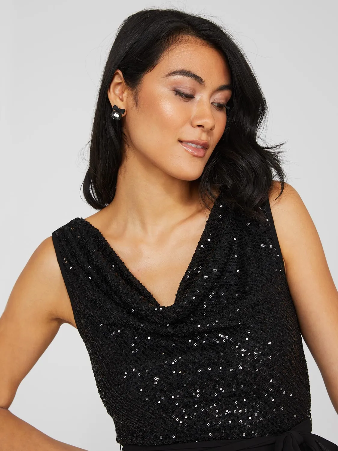 Cowl Neck Sequin Fit & Flare Dress sold by Suzy Shier product image thumbnail 3