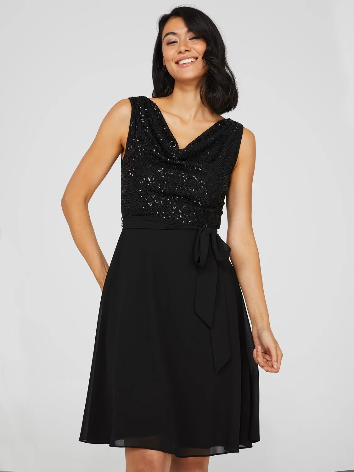 Cowl Neck Sequin Fit & Flare Dress sold by Suzy Shier product image thumbnail 2