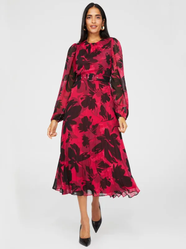 Floral Print Round Neck Midi Dress With Pleated Skirt sold by Suzy Shier