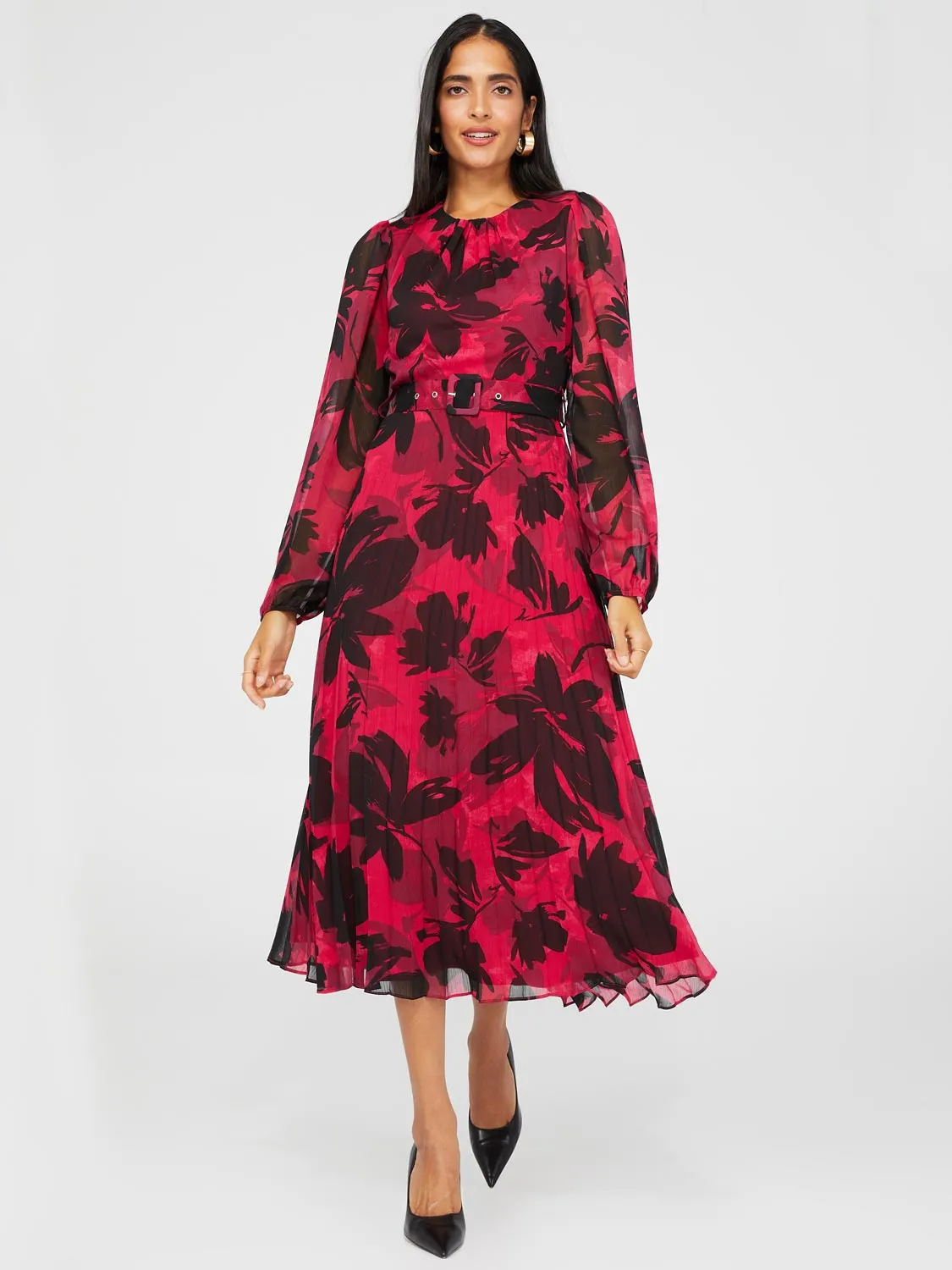 Floral Print Round Neck Midi Dress With Pleated Skirt | Parallel