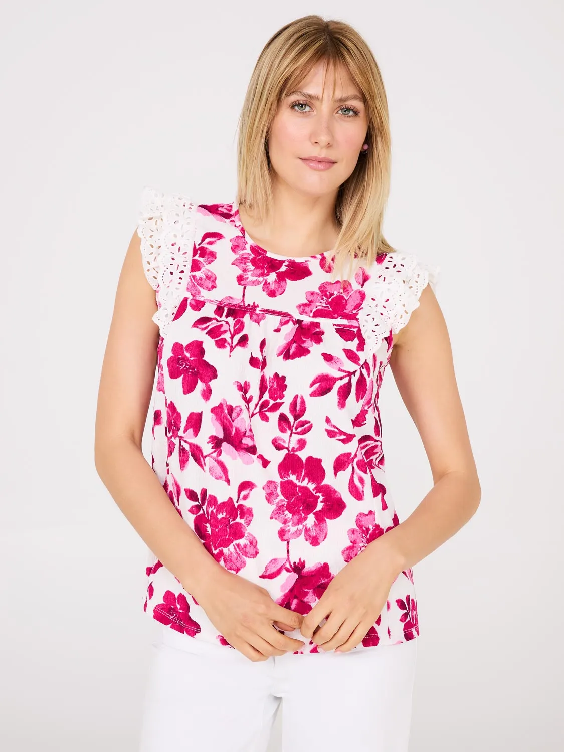 Watercolour Floral Print Top With Eyelet Ruffle Sleeves sold by Suzy Shier product image thumbnail 2