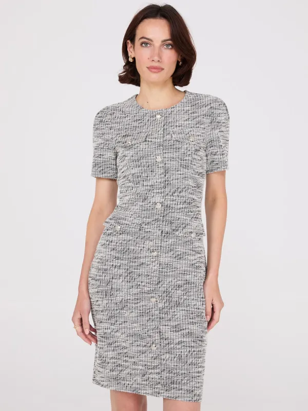 Short Sleeve Button-Front Boucle Sheath Dress sold by Suzy Shier