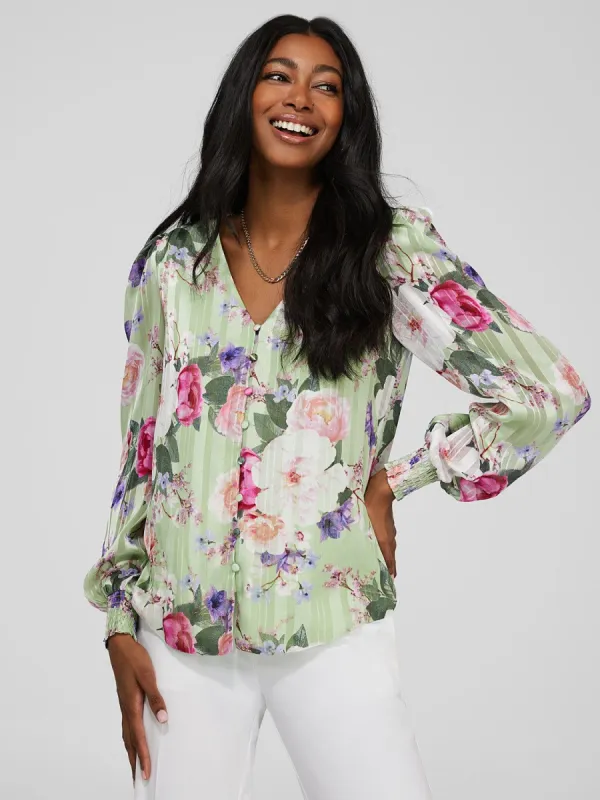 Printed Shadow Stripe V-Neck Blouse sold by Suzy Shier