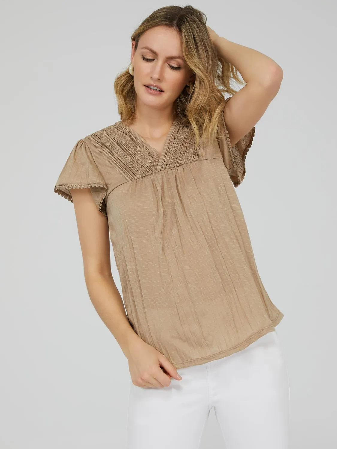 Short Sleeve V-Neck Top With Crochet Detail sold by Suzy Shier product image thumbnail 5