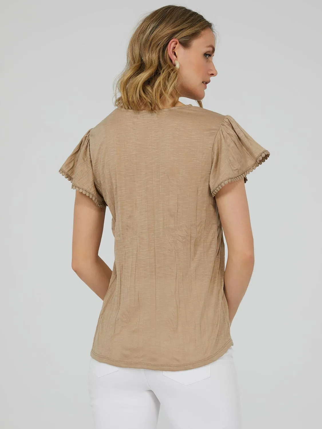 Short Sleeve V-Neck Top With Crochet Detail sold by Suzy Shier product image thumbnail 3