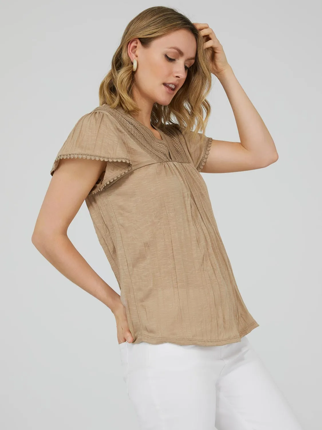 Short Sleeve V-Neck Top With Crochet Detail sold by Suzy Shier product image thumbnail 2