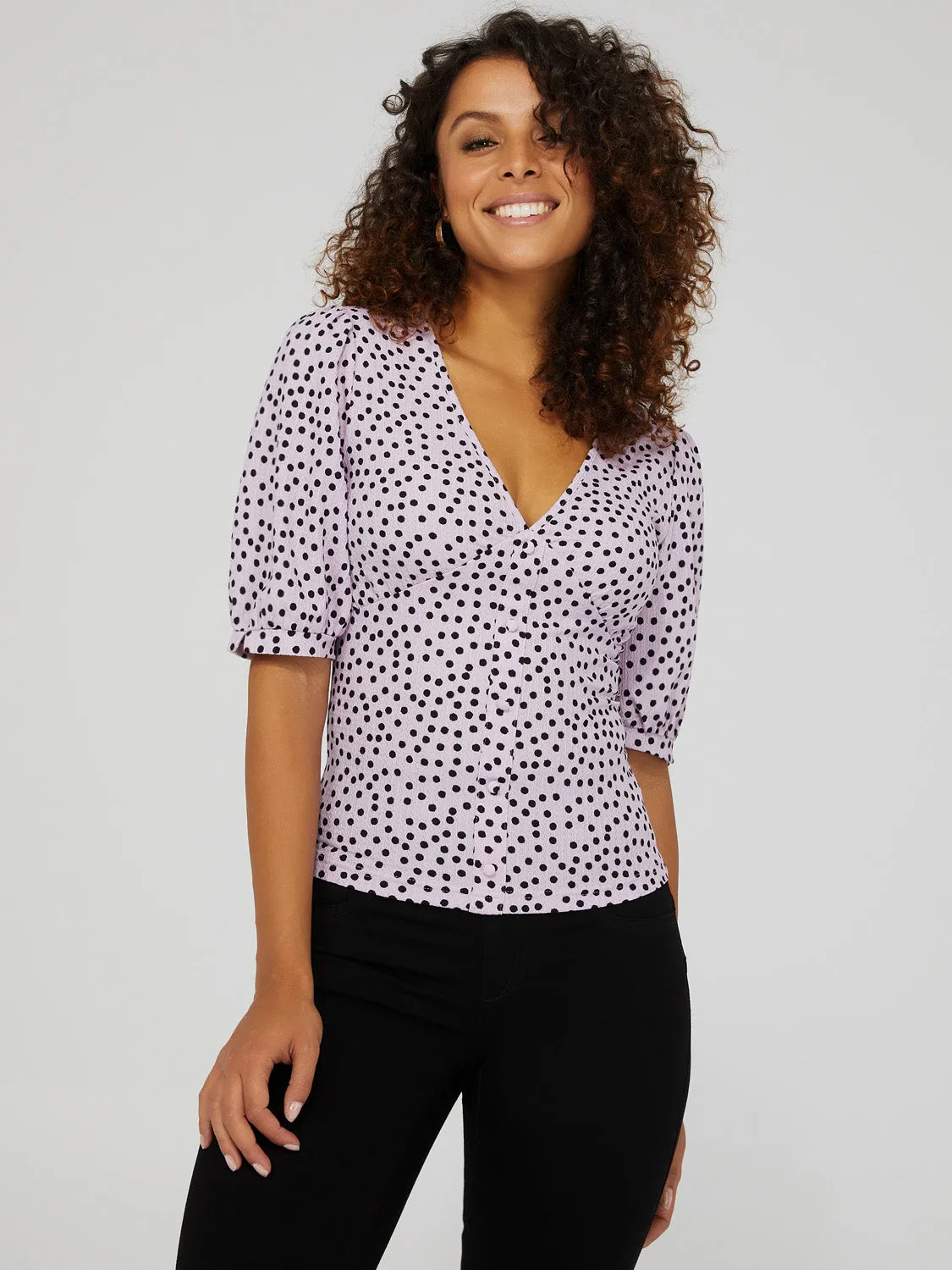 Printed V-Neck Button-Front Top With Puff Sleeves sold by Suzy Shier