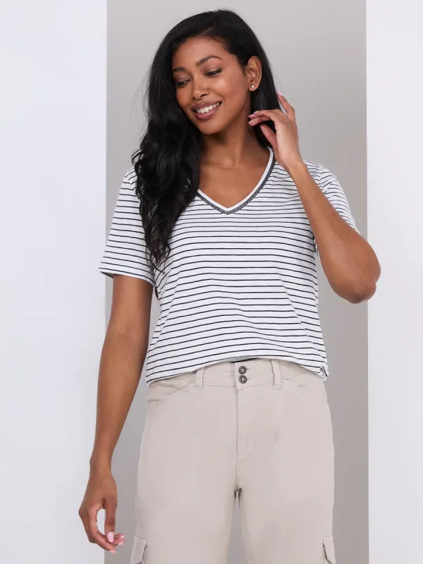 Striped V-Neck T-Shirt With Metallic Detail sold by Suzy Shier