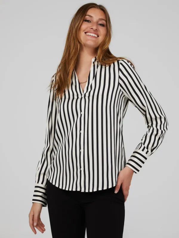 Striped Satin Split Neck Button-Front Blouse sold by Suzy Shier