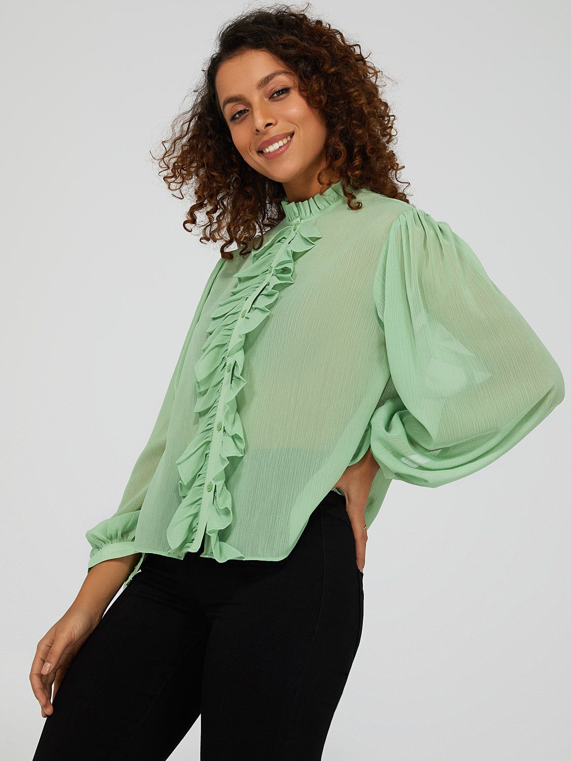 Ruffled Long Sleeve Button Down Blouse sold by Suzy Shier product image thumbnail 4