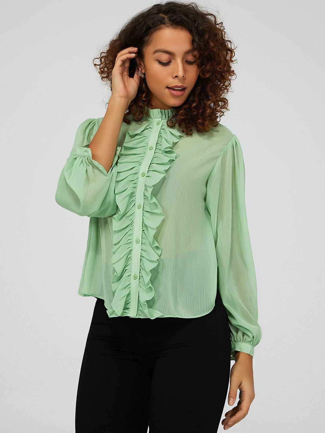 Ruffled Long Sleeve Button Down Blouse sold by Suzy Shier