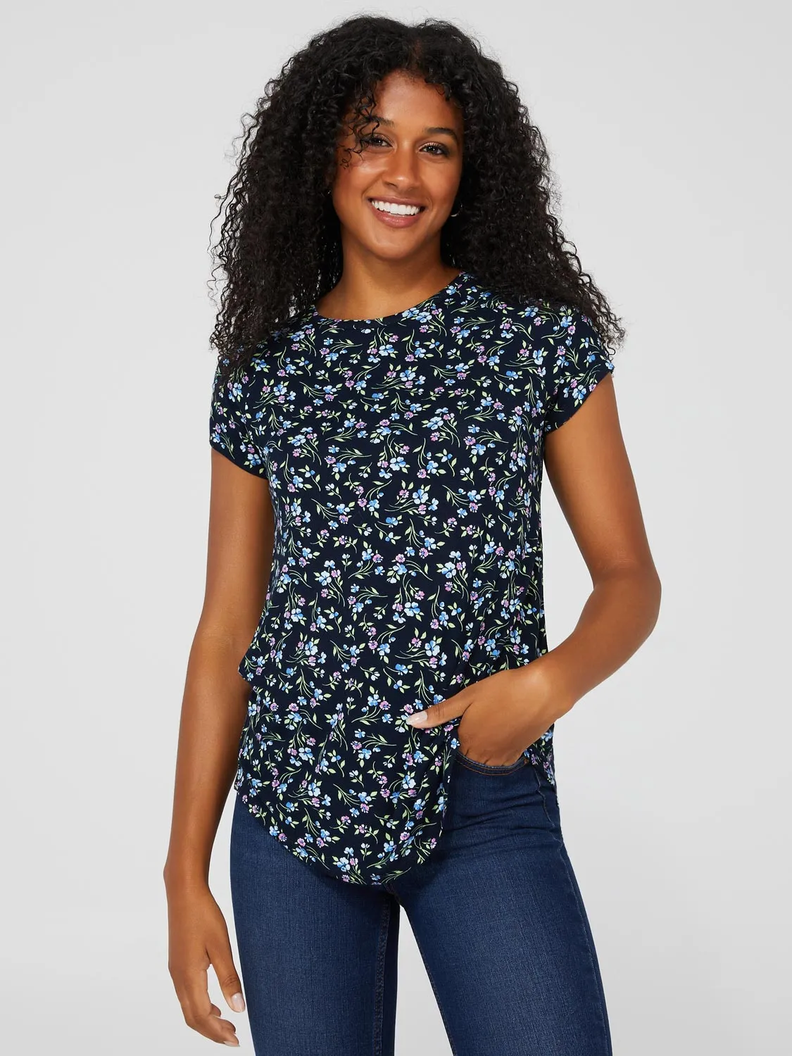Floral Print Raglan Sleeve Top With Rounded Hem sold by Suzy Shier