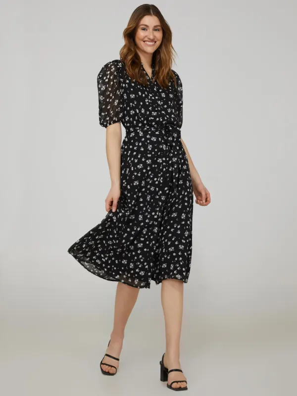 Printed Split Neck Dress With Balloon Sleeve sold by Suzy Shier