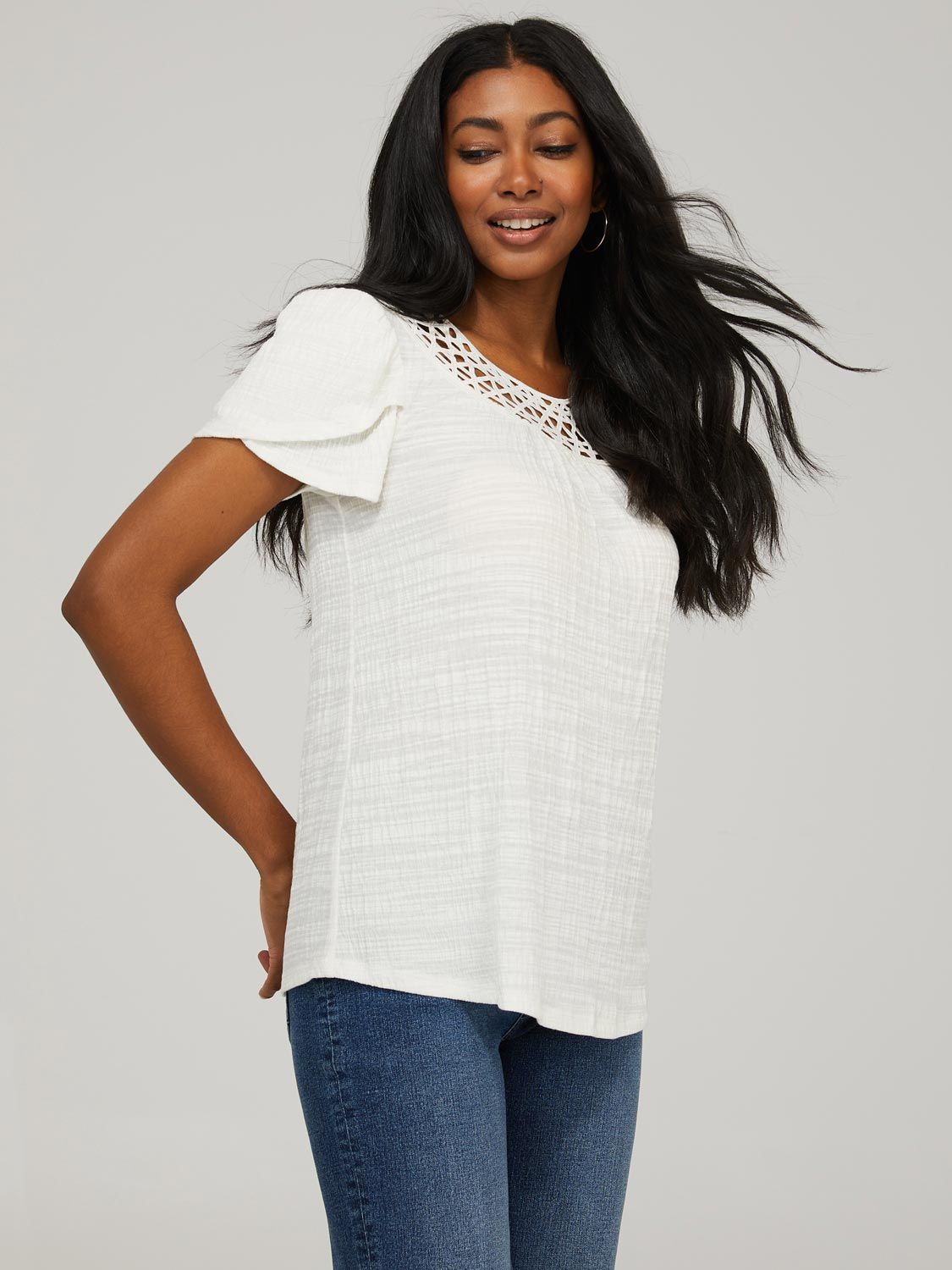 Short Sleeve Crinkle Top With Crochet Neckline sold by Suzy Shier product image thumbnail 3